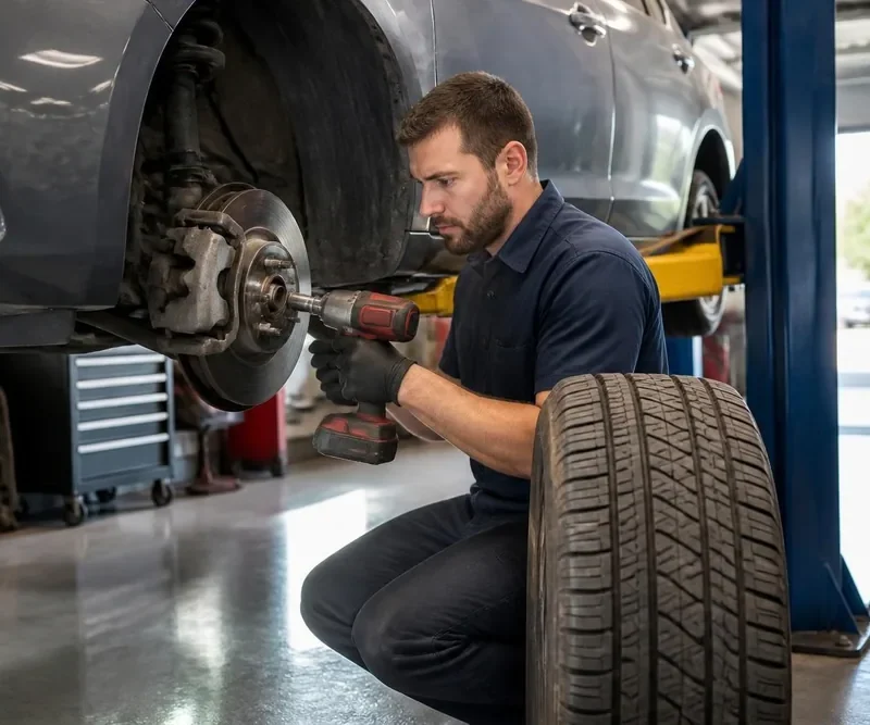 How often should you rotate your tires: technician rotating tires on a lift at RPM Auto Center in Irwindale